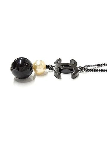 Chanel Chanel B14B Coco Mark Long Necklace, Metal Gold, Faux Pearl, Black (view 2)