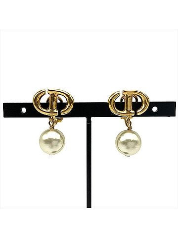Christian Dior Christian Dior Dior faux pearl CD logo earrings, metal, gold, women's. (view 1)