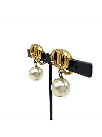 Christian Dior Christian Dior Dior faux pearl CD logo earrings, metal, gold, women's. (view 2)