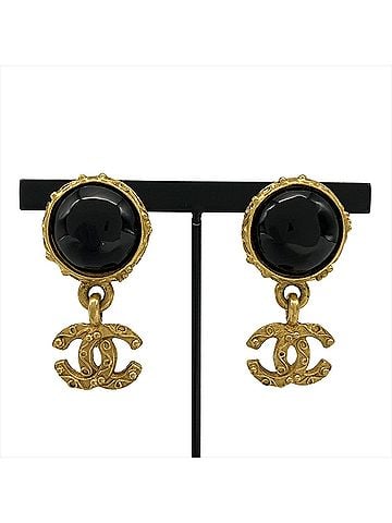 Chanel Chanel Coco Mark GP Earrings, Metal, 96A, Black with Gold Hardware, Women's (view 1)