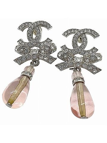 Chanel CHANEL CC Ribbon Earrings, Rhinestone Drop Silver, Pink, Women's (view 1)