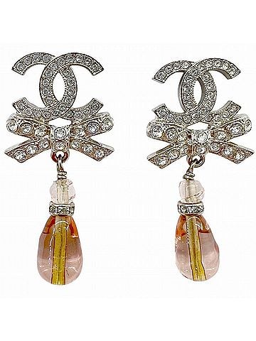 Chanel CHANEL CC Ribbon Earrings, Rhinestone Drop Silver, Pink, Women's (view 2)