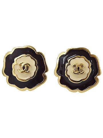 Chanel CHANEL 03P Camellia Coco Mark Earrings, Yellow Gold, Black, White, Women's (view 1)