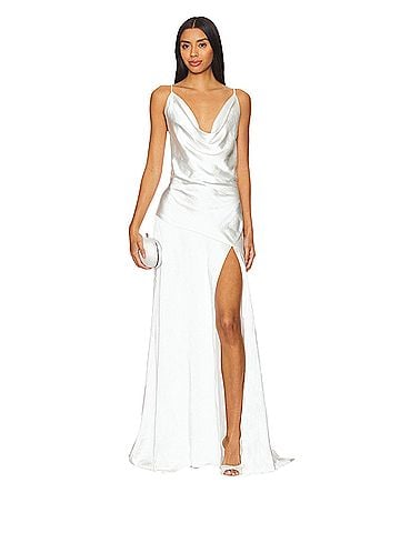 Elliatt White Satin Cowl-Neck Maxi Gown with High Slit Cocktail Dress (view 1)