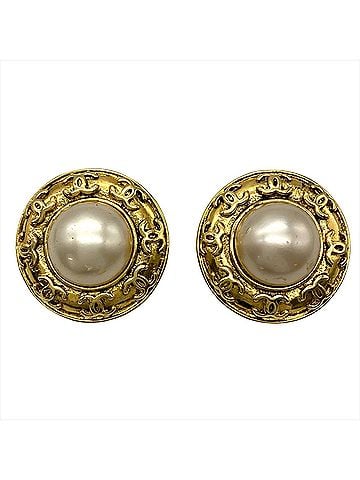 Chanel Chanel Coco Mark Earrings, Metal, White with Gold Hardware, Women's (view 1)