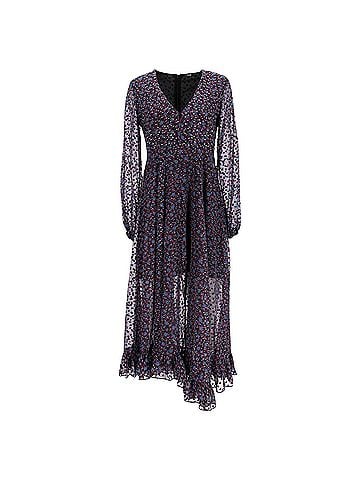 Maje Maje Revana Printed Midi Asymmetric Long Sleeve Dress in Multicolor Polyamide (view 1)