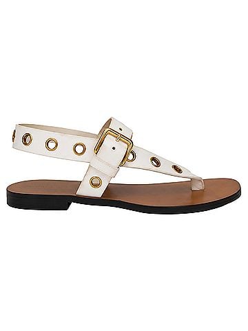Céline Celine Eyelet T-Strap Flat Sandals in White Leather (view 1)
