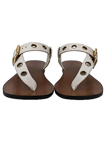 Céline Celine Eyelet T-Strap Flat Sandals in White Leather (view 2)