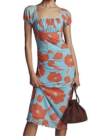 Anthropologie Maeve Puff-Sleeve Square-Neck Mesh Midi Casual Dress (view 1)
