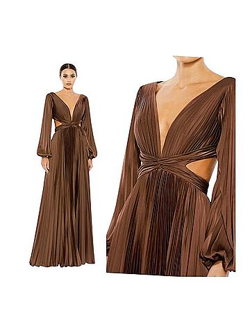Mac Duggal Mac Duggal Formal Dress 26737 Brown Espresso Long Sleeve Evening Pleated Gown 6 Cocktail Dress (view 2)