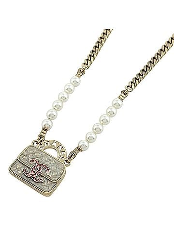 Chanel Chanel Coco Mark Faux Pearl Necklace, Bag Motif, GP (Gold Finish), White Pearl, Women's (view 1)