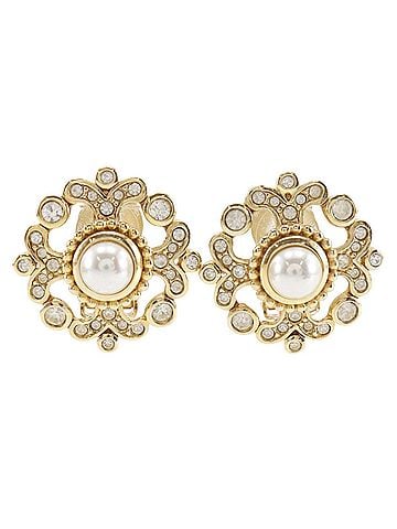 Christian Dior Christian Dior earrings, gold plated, faux pearl, and rhinestone, approximately 22.8g, women's. (view 1)