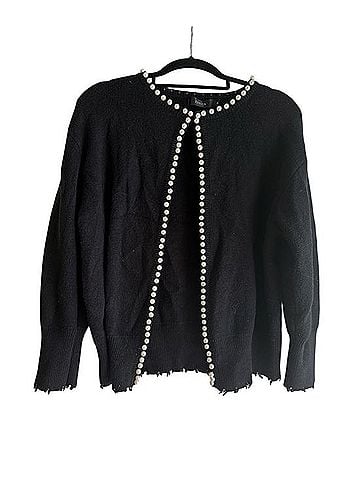 Zesica Black Pearl Trim Open Front Knit Cardigan Sweater Jacket (view 1)