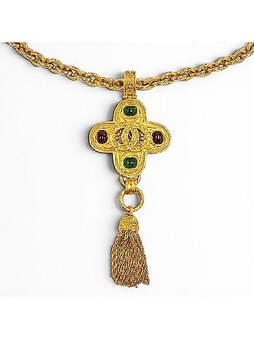 Chanel CHANEL Vintage 94A Coco Mark Gripoix Cross Fringe Long Necklace, Rare Gold, Made in France, Women's. (view 1)