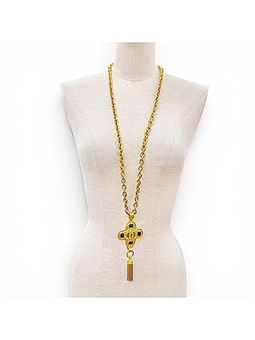 Chanel CHANEL Vintage 94A Coco Mark Gripoix Cross Fringe Long Necklace, Rare Gold, Made in France, Women's. (view 2)