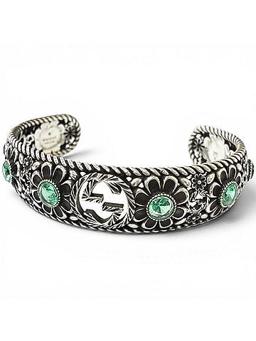 Gucci GUCCI AG925 Rhinestone Crystal Floral Interlocking G Bangle Bracelet, Silver Green, Size 16, Made in Italy, Weight 26.2g, Men's (view 1)