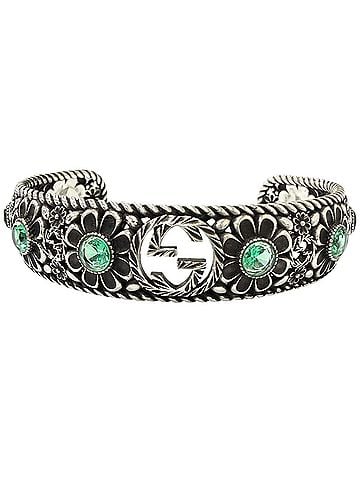Gucci GUCCI AG925 Rhinestone Crystal Floral Interlocking G Bangle Bracelet, Silver Green, Size 16, Made in Italy, Weight 26.2g, Men's (view 2)