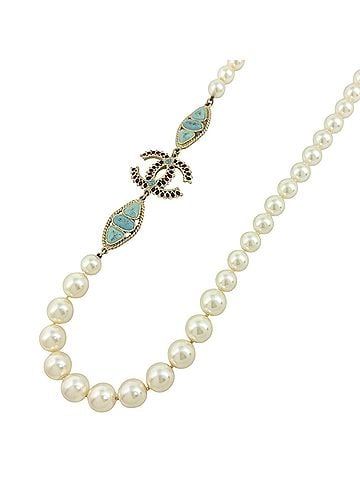 Chanel Chanel Coco Mark Faux Pearl Necklace, Long, GP White/Light Blue, Women's (view 1)