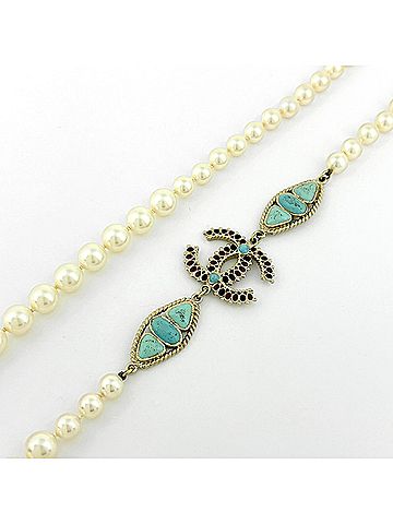 Chanel Chanel Coco Mark Faux Pearl Necklace, Long, GP White/Light Blue, Women's (view 2)