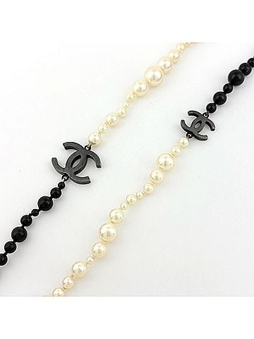 Chanel Chanel Coco Mark Faux Pearl Necklace, Long, Pearl, Metal, Black/White, Women's (view 2)