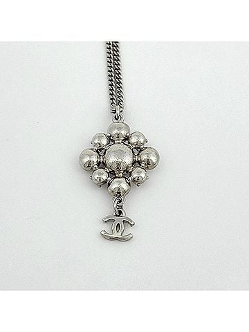 Chanel Chanel Coco Mark Rhinestone Necklace, Silver Plated, Silver, Women's (view 2)