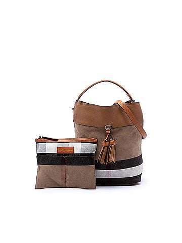 Burberry Medium Mega Check Canvas and Grained Calfskin Ashby Tassel Bucket Bag (view 2)