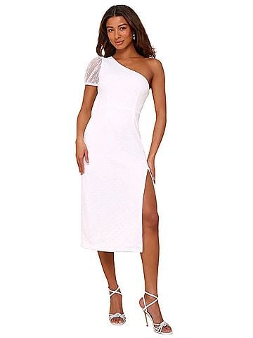 Lulus One-Shoulder White Midi Dress with Sheer Dot Sleeve Casual Dress (view 1)