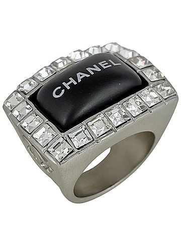 Chanel Chanel logo rhinestone ring, Coco Mark design, metal, silver, black, women's. (view 1)