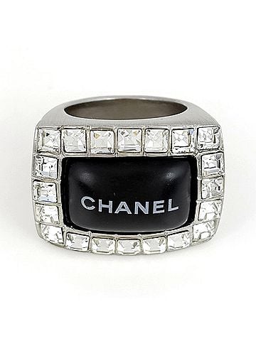Chanel Chanel logo rhinestone ring, Coco Mark design, metal, silver, black, women's. (view 2)