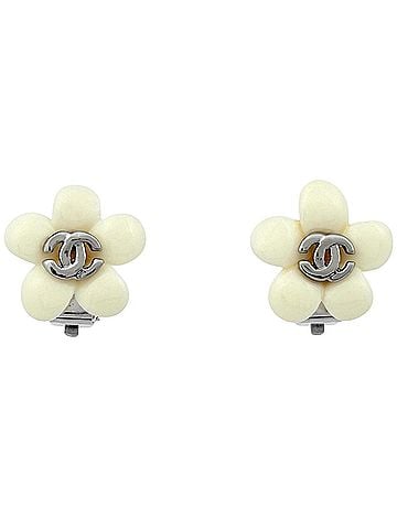 Chanel Chanel Coco Mark Earrings, Flower Design, Silver Plated, Silver, White, Women's (view 1)