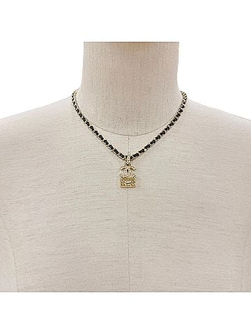 Chanel CHANEL A23B ABB548 Rhinestone Coco Mark Matelassé Bag Motif Chain Necklace, Gold &amp; Black, Made in France, Women's (view 2)