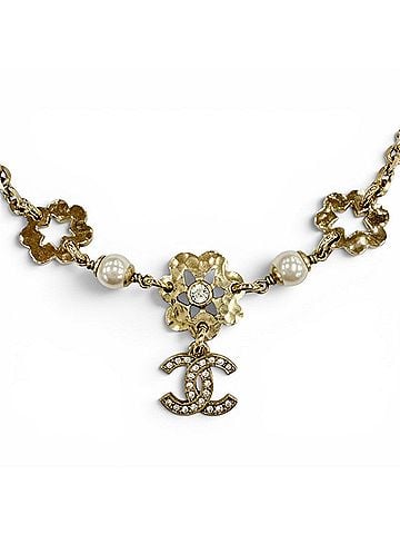 Chanel CHANEL I25C ABE965 Rhinestone Pearl Coco Mark Flower Motif Necklace Gold Made in Italy Women's (view 1)