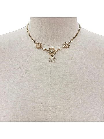 Chanel CHANEL I25C ABE965 Rhinestone Pearl Coco Mark Flower Motif Necklace Gold Made in Italy Women's (view 2)