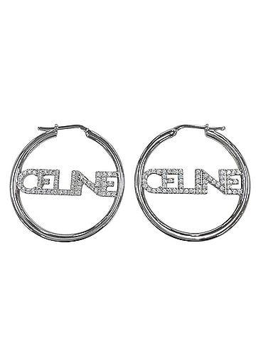 Céline CELINE STT3273 Rhinestone Logo Monochrome Strass Hoop Earrings (Pair) Silver Women's with Box and Dust Bag (view 1)