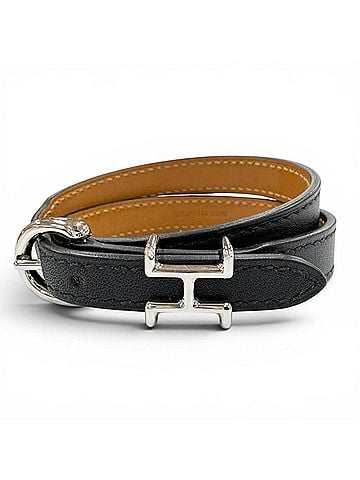 Hermès HERMES Trench Leather Bracelet, Black, Silver Hardware, Size T4, B Stamp, Made in France, Women's, with Box and Dust Bag. (view 1)