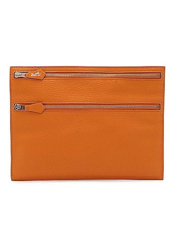 Hermès HERMES Hermes Double Zip Flat Pouch Clutch Bag Chevre Leather Orange ?M Stamp (view 1)