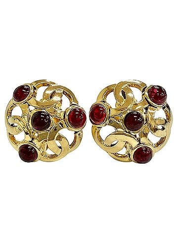 Chanel CHANEL Vintage 25 Gripoix Coco Mark Earrings, Gold and Red, Made in France, Women's, with Box. (Pair) (view 1)
