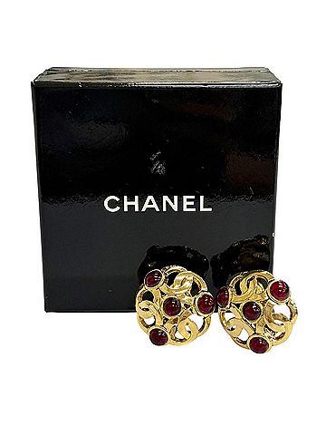 Chanel CHANEL Vintage 25 Gripoix Coco Mark Earrings, Gold and Red, Made in France, Women's, with Box. (Pair) (view 2)