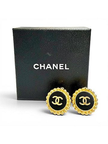 Chanel CHANEL Vintage 95A Coco Mark Bicolor Earrings, Gold and Black, Made in France, Women's, with Box. (Pair) (view 2)