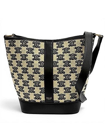 Céline CELINE 19144 Small Bucket Triomphe Canvas &amp; Calfskin Shoulder Bag, Off-White/Black, Made in Italy, Women's (view 1)