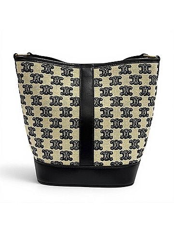 Céline CELINE 19144 Small Bucket Triomphe Canvas &amp; Calfskin Shoulder Bag, Off-White/Black, Made in Italy, Women's (view 2)