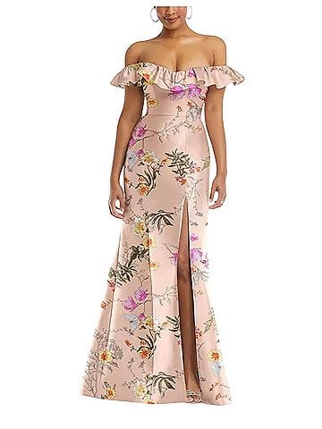 Alfred Sung Butterfly Print Floral Satin Trumpet Gown Cocktail Dress (view 1)