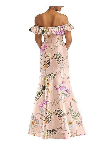 Alfred Sung Butterfly Print Floral Satin Trumpet Gown Cocktail Dress (view 2)