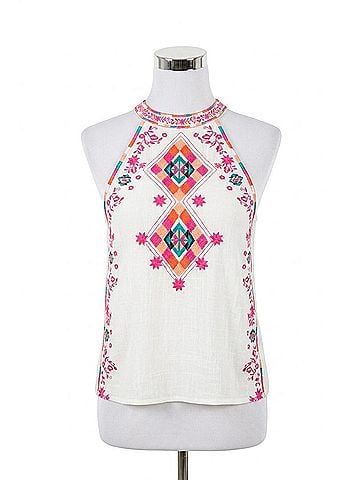 THML Halter Neck Embroidered Top in White (view 1)