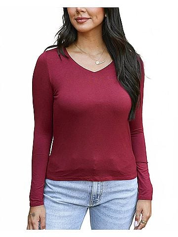 Grace & Lace Modal V-Neck Long Sleeve Tee in Red (view 2)