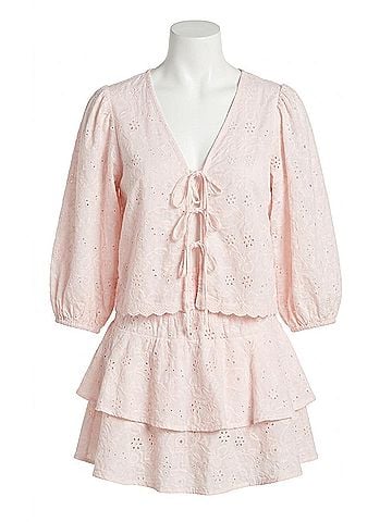 Bobi Tie Front Crop Balloon Sleeve Top in Ballet Pink (view 1)