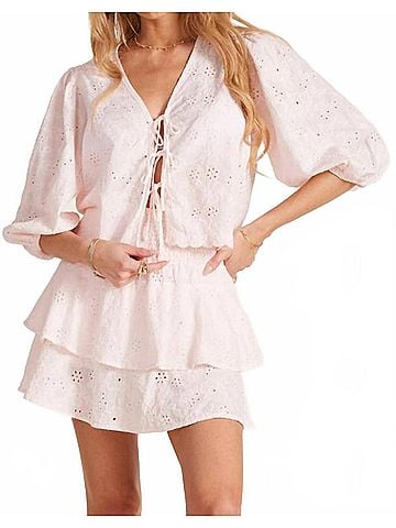 Bobi Tie Front Crop Balloon Sleeve Top in Ballet Pink (view 2)