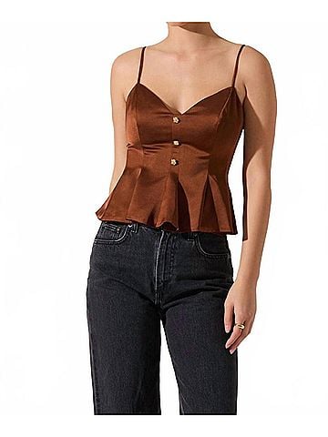 Astr Paislee Satin Pleated Peplum Top in Brown (view 2)