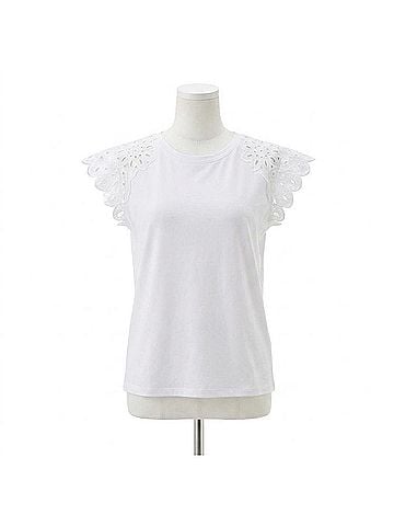 Lyssé Katarina Eyelet Sleeve Trim Top in Crisp Summer White (view 1)