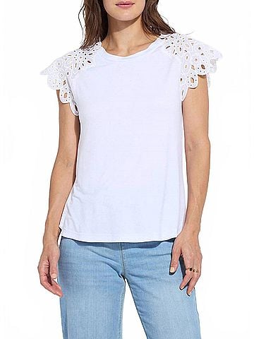 Lyssé Katarina Eyelet Sleeve Trim Top in Crisp Summer White (view 2)